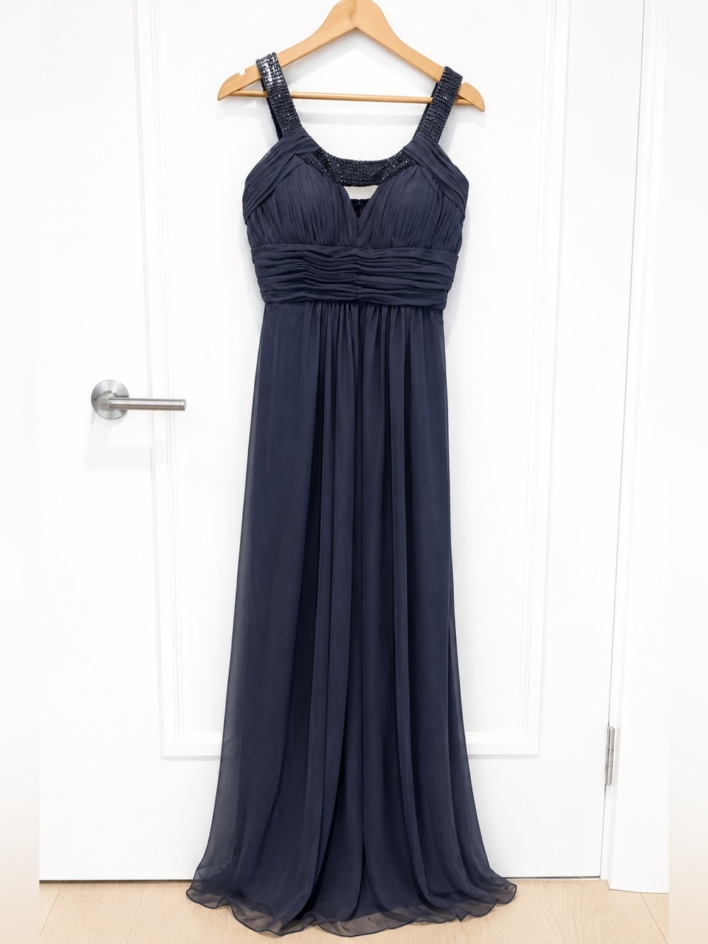 Cachet Slate Chiffon Goddess Gown Beaded Neckline Sz 4 Formal Evening Dress